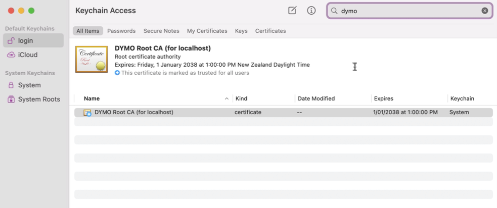 Keychain Search for Dymo