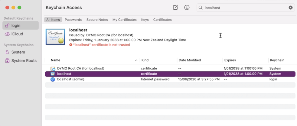 Keychain Search for Dymo