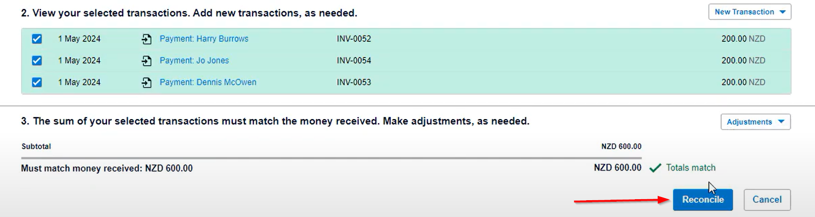 Click the Reconcile Button